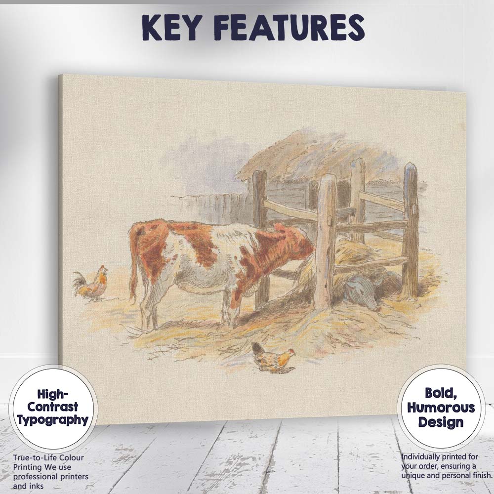 Traditional Farmyard Cow and Chickens Rural Watercolour Canvas Wall Art Print Decor Picture Ready to Hang