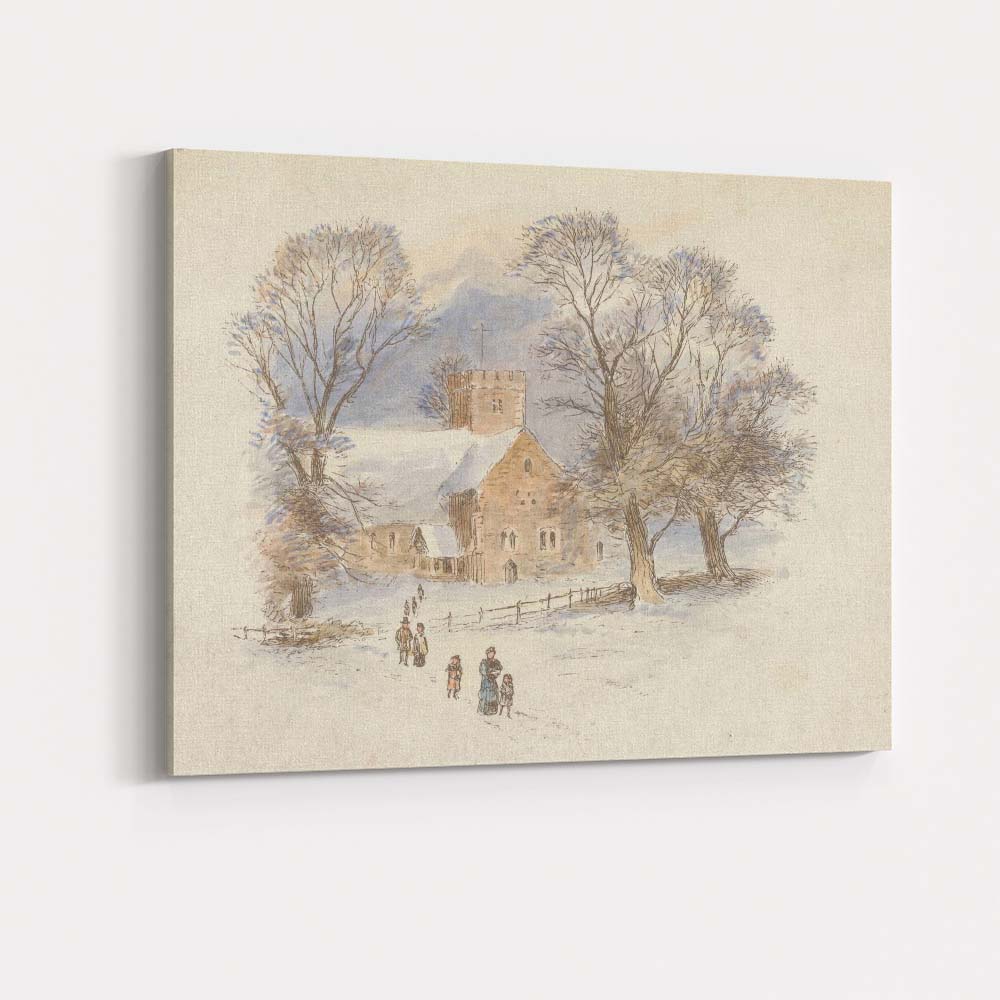Winter Parish Church Snow Covered Village Watercolour Scene Canvas Wall Art Print Decor Picture Ready to Hang