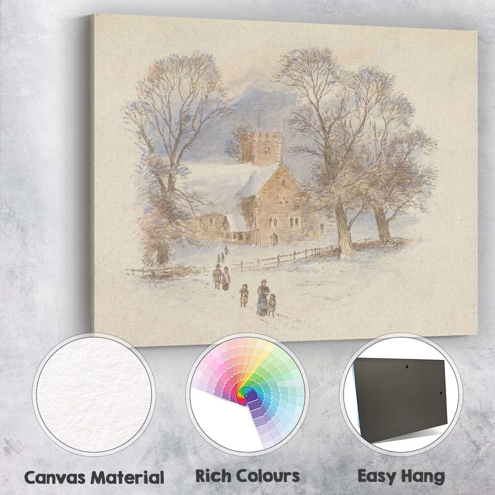 Winter Parish Church Snow Covered Village Watercolour Scene Canvas Wall Art Print Decor Picture Ready to Hang