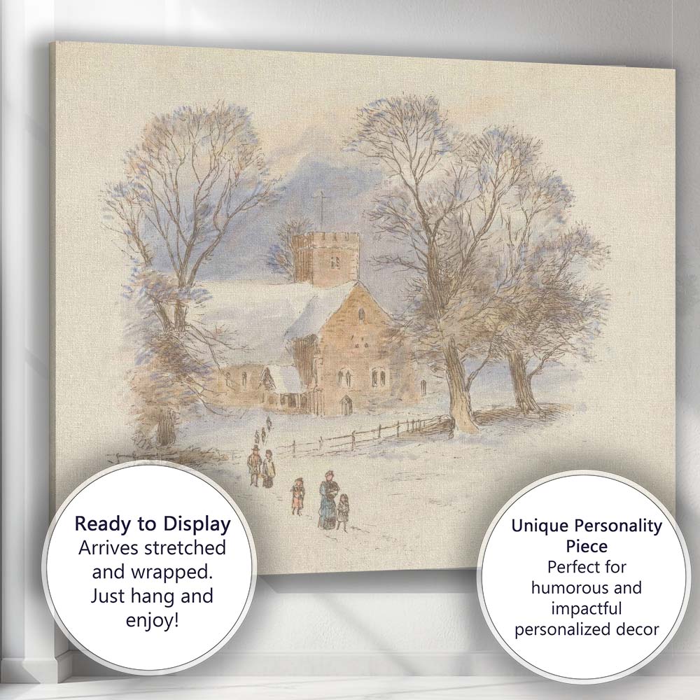 Winter Parish Church Snow Covered Village Watercolour Scene Canvas Wall Art Print Decor Picture Ready to Hang