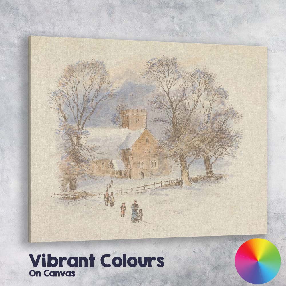 Winter Parish Church Snow Covered Village Watercolour Scene Canvas Wall Art Print Decor Picture Ready to Hang