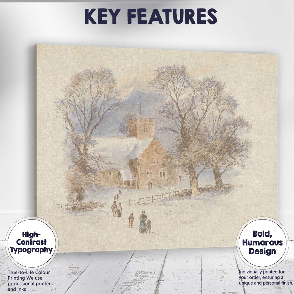 Winter Parish Church Snow Covered Village Watercolour Scene Canvas Wall Art Print Decor Picture Ready to Hang