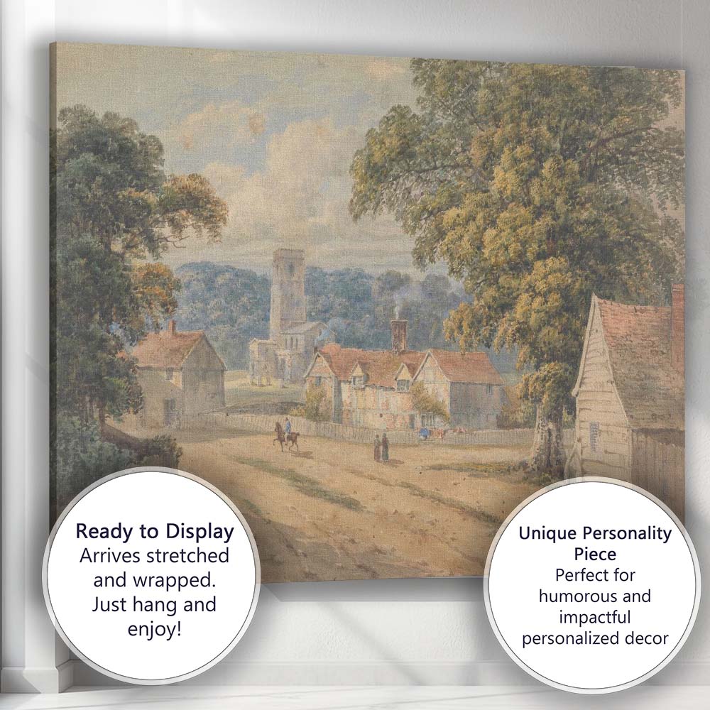 Traditional English Village Church Countryside Watercolour Scene Canvas Wall Art Print Decor Picture Ready to Hang