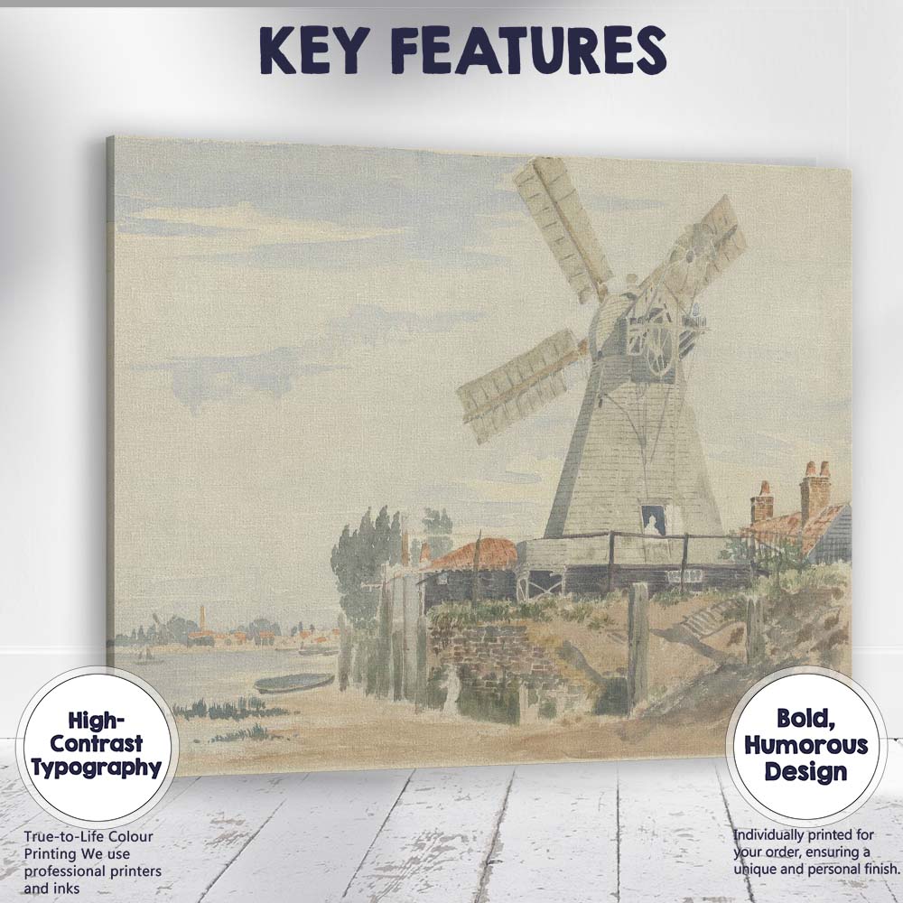 Traditional Riverside Windmill Coastal Watercolour Landscape Canvas Wall Art Print Decor Picture Ready to Hang