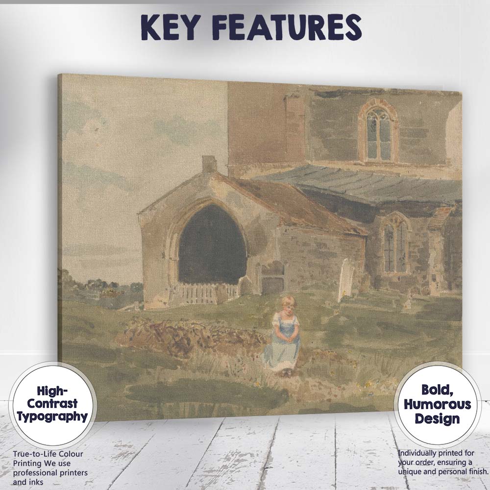 Historic Stone Churchyard With Seated Girl Watercolour Canvas Wall Art Print Decor Picture Ready to Hang