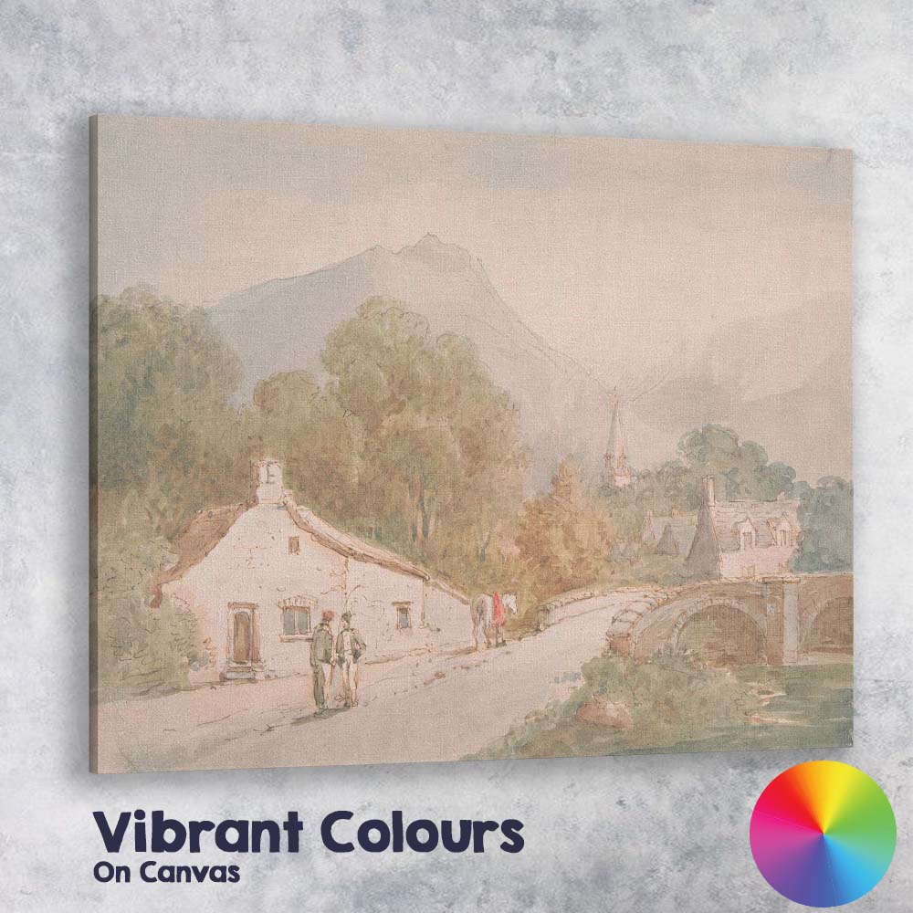 Highland Village Stone Bridge Mountain Landscape Watercolour Painting Canvas Wall Art Print Decor Picture Ready to Hang
