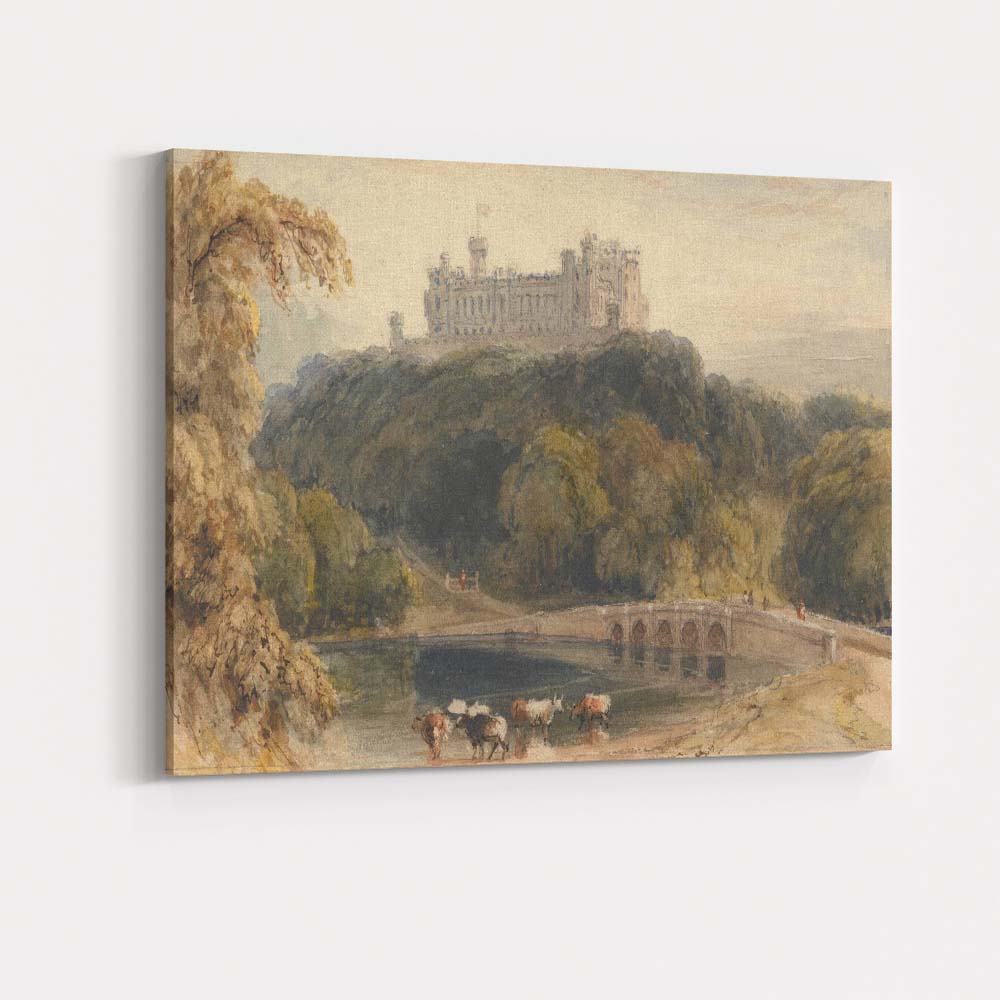 Hilltop Castle Over Lake Pastoral Countryside Watercolour Canvas Wall Art Print Decor Picture Ready to Hang