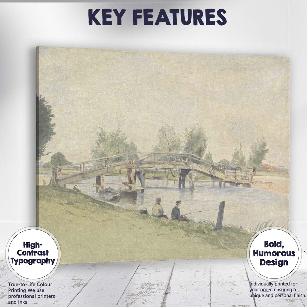 Riverside Wooden Footbridge Fishing Scene Watercolour Landscape Canvas Wall Art Print Decor Picture Ready to Hang