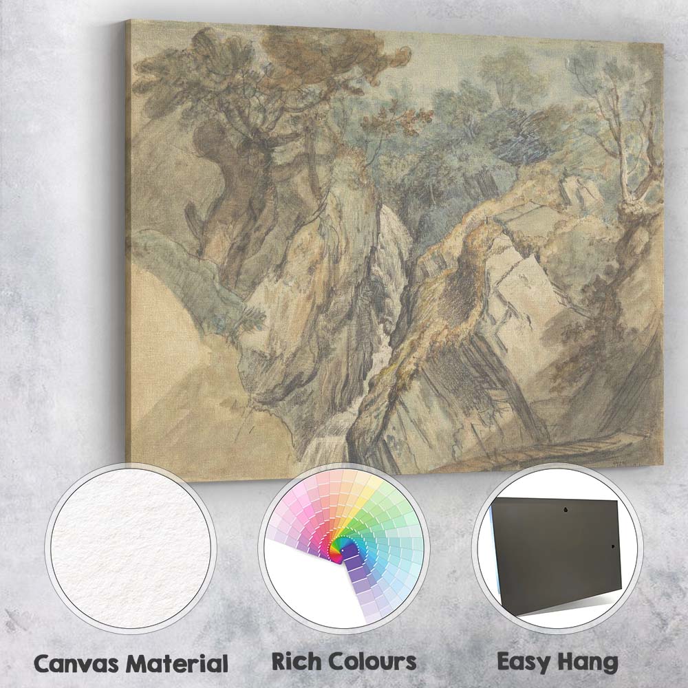 Romantic Woodland Waterfall Rocky Gorge Sketch Watercolour Landscape Canvas Wall Art Print Decor Picture Ready to Hang