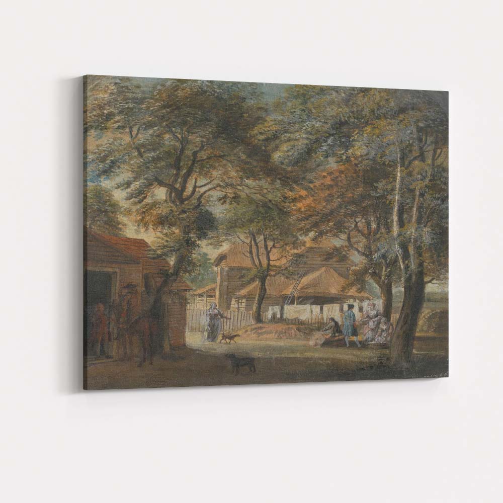 Georgian Village Green Figures Beneath Trees Watercolour Scene Canvas Wall Art Print Decor Picture Ready to Hang