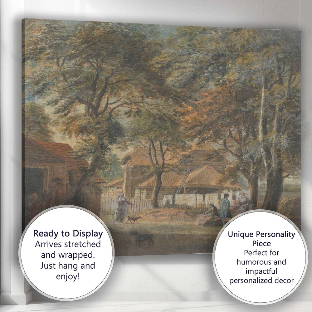Georgian Village Green Figures Beneath Trees Watercolour Scene Canvas Wall Art Print Decor Picture Ready to Hang