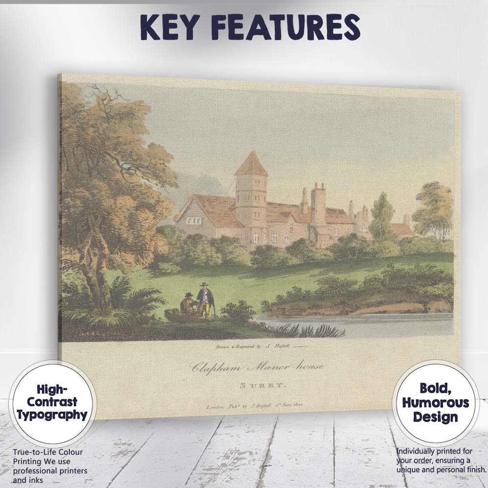 Clapham Manor House Surrey Antique Hand Coloured Architectural Print Canvas Wall Art Print Decor Picture Ready to Hang