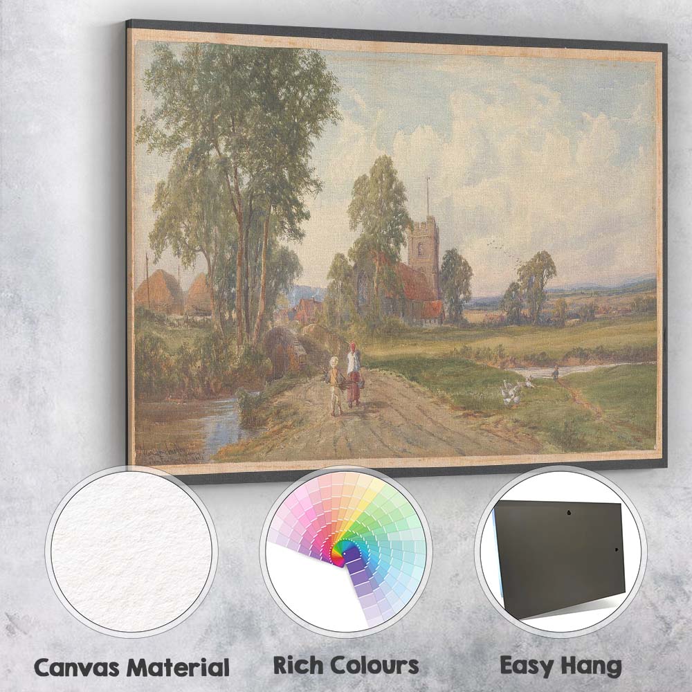 Country Church Meadow Bridge Pastoral Village Watercolour Landscape Canvas Wall Art Print Decor Picture Ready to Hang