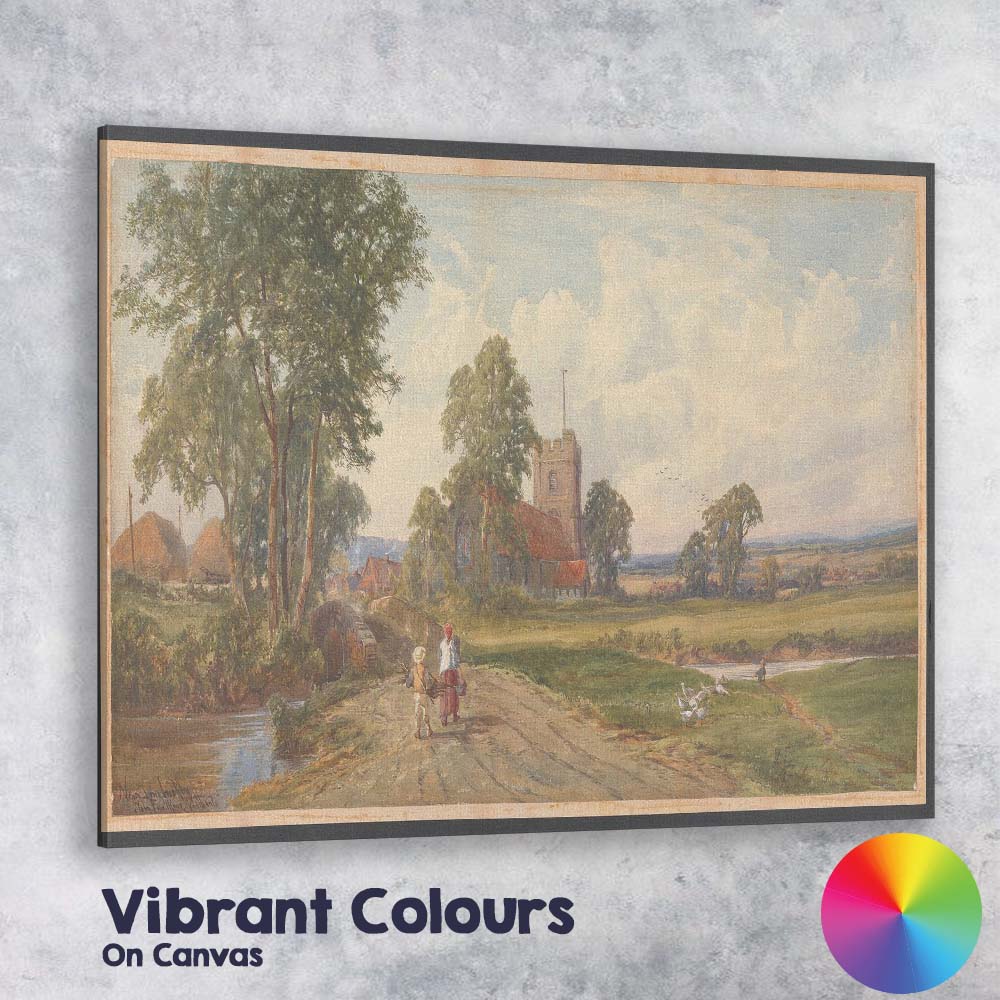 Country Church Meadow Bridge Pastoral Village Watercolour Landscape Canvas Wall Art Print Decor Picture Ready to Hang
