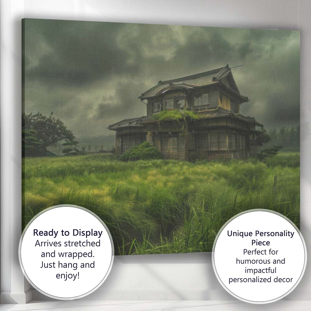 Moody Abandoned Japanese House Rainy Countryside Landscape Canvas Wall Art Print Decor Picture Ready to Hang