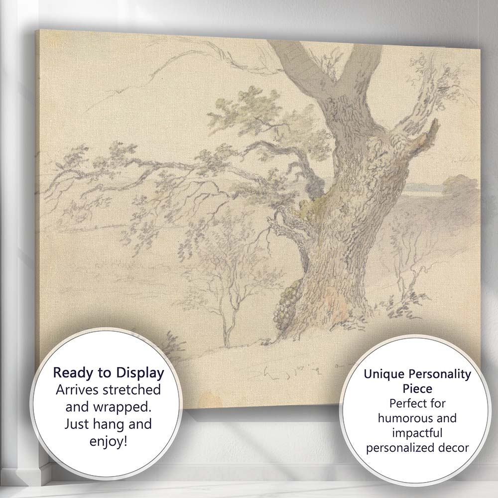 Ancient Oak Tree Landscape Pencil Sketch Rustic Countryside Nature Canvas Wall Art Print Decor Picture Ready to Hang