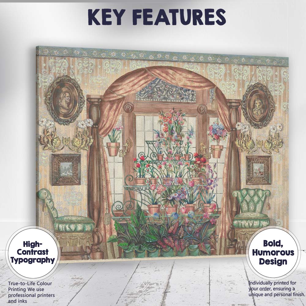 Victorian Floral Conservatory Interior Watercolour Garden Room Canvas Wall Art Print Decor Picture Ready to Hang