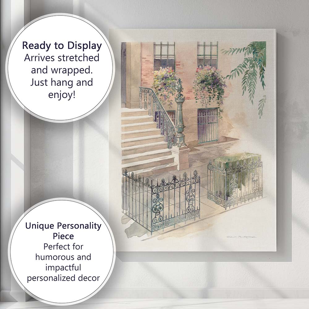 Decorative Wrought Iron Railings Townhouse Steps Watercolour Canvas Wall Art Print Decor Picture Ready to Hang