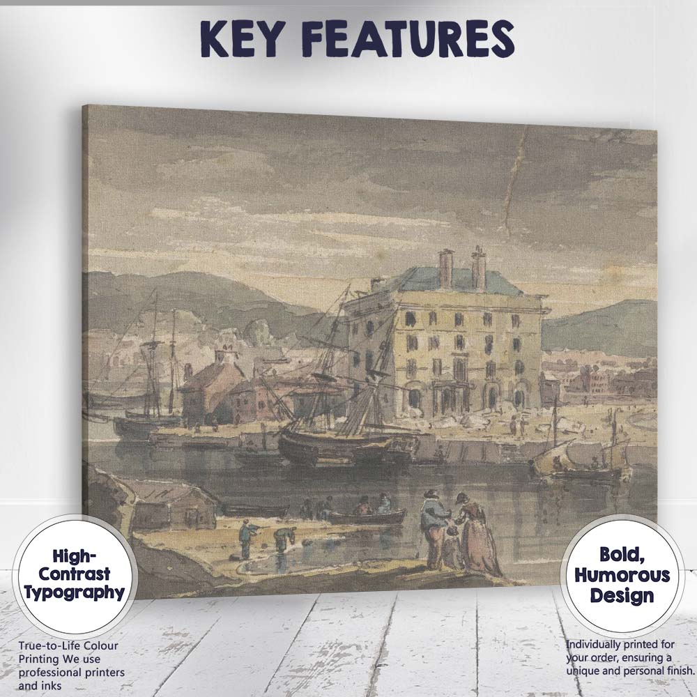 Historic Harbour Waterfront Watercolour Coastal Town Scene Canvas Wall Art Print Decor Picture Ready to Hang
