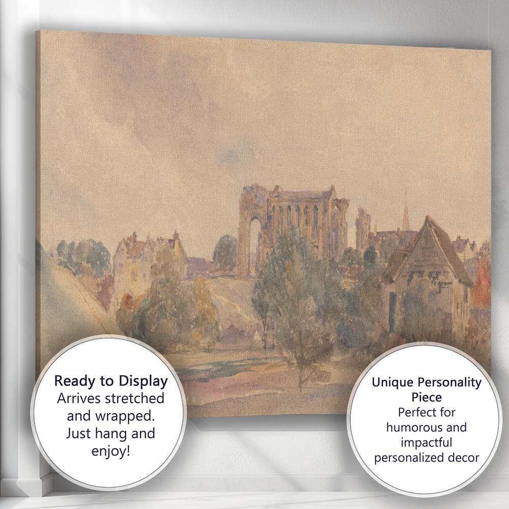 Ruined Abbey and Village Landscape Watercolour Canvas Wall Art Print Decor Picture Ready to Hang