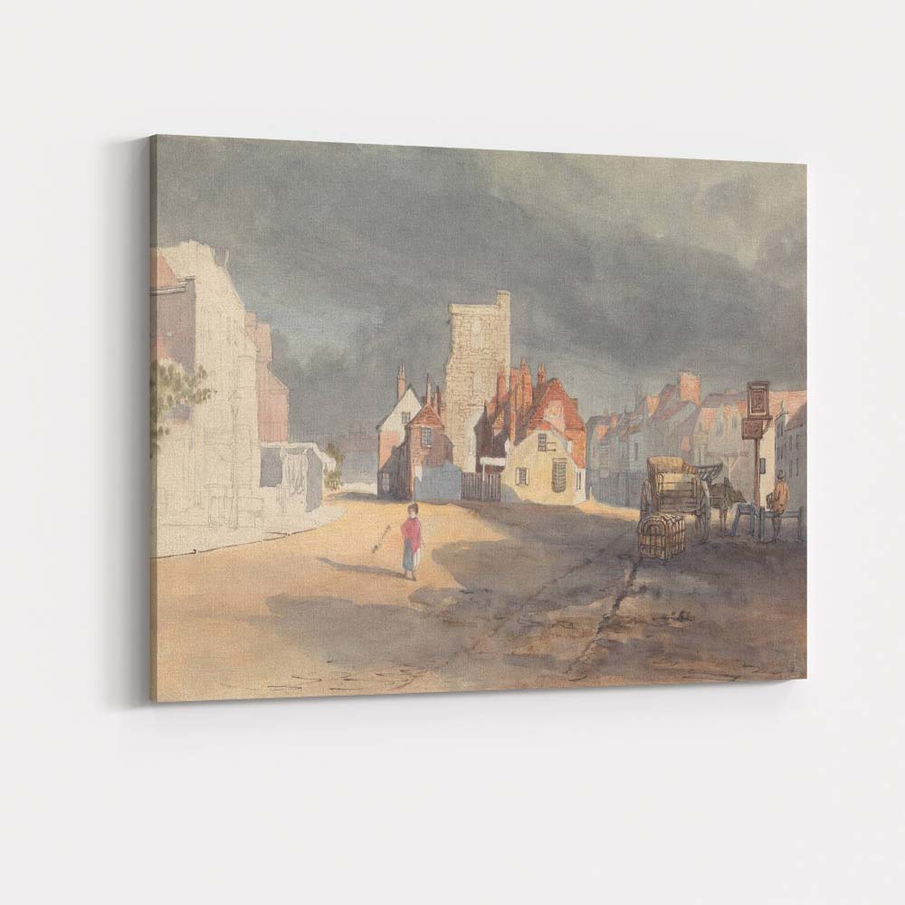 Historic Market Town Square Stormy Sky Watercolour Canvas Wall Art Print Decor Picture Ready to Hang