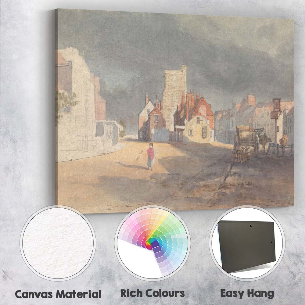 Historic Market Town Square Stormy Sky Watercolour Canvas Wall Art Print Decor Picture Ready to Hang