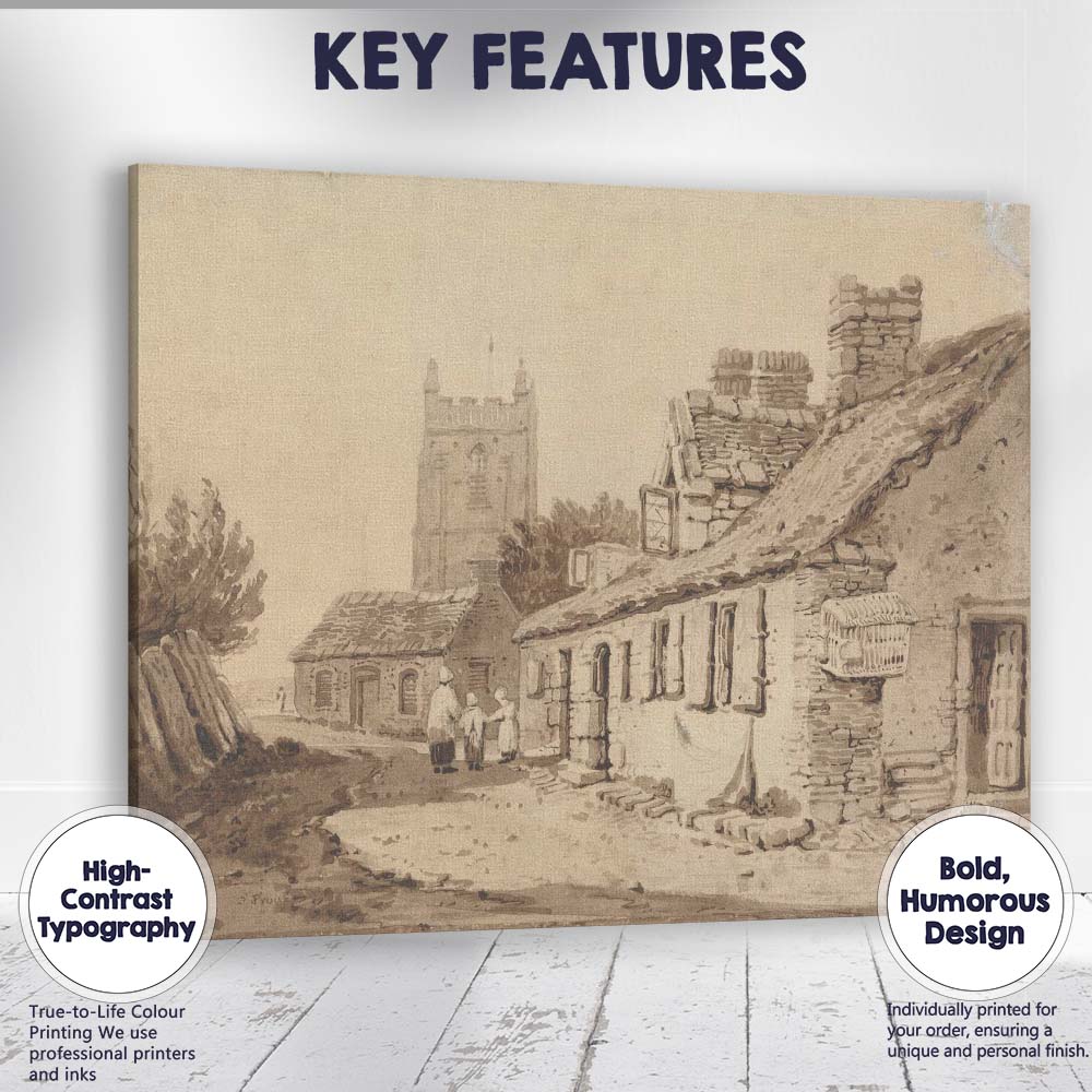 English Village Lane Church Tower Sepia Watercolour Canvas Wall Art Print Decor Picture Ready to Hang