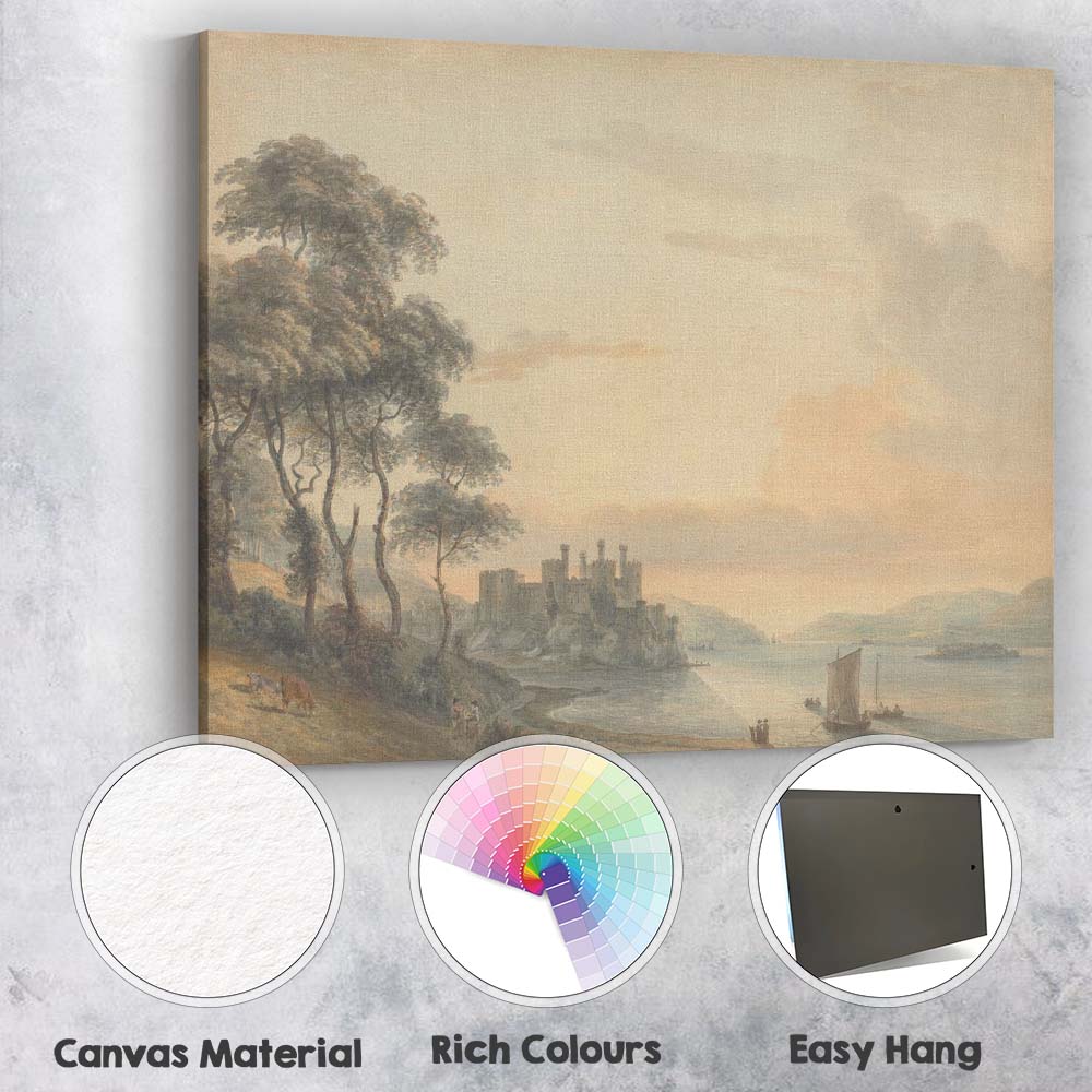 Lakeside Castle Mountain Landscape Sunset Watercolour Canvas Wall Art Print Decor Picture Ready to Hang