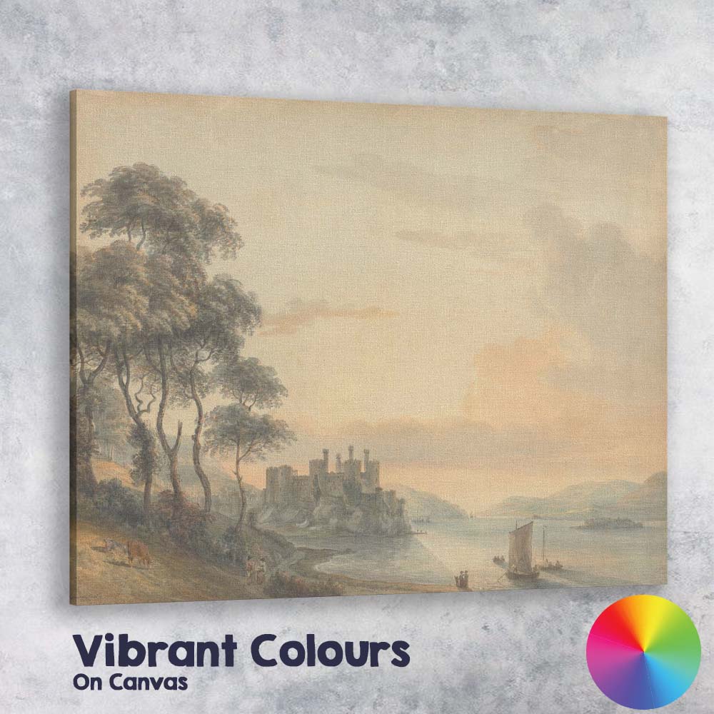 Lakeside Castle Mountain Landscape Sunset Watercolour Canvas Wall Art Print Decor Picture Ready to Hang