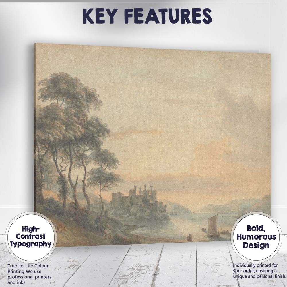 Lakeside Castle Mountain Landscape Sunset Watercolour Canvas Wall Art Print Decor Picture Ready to Hang