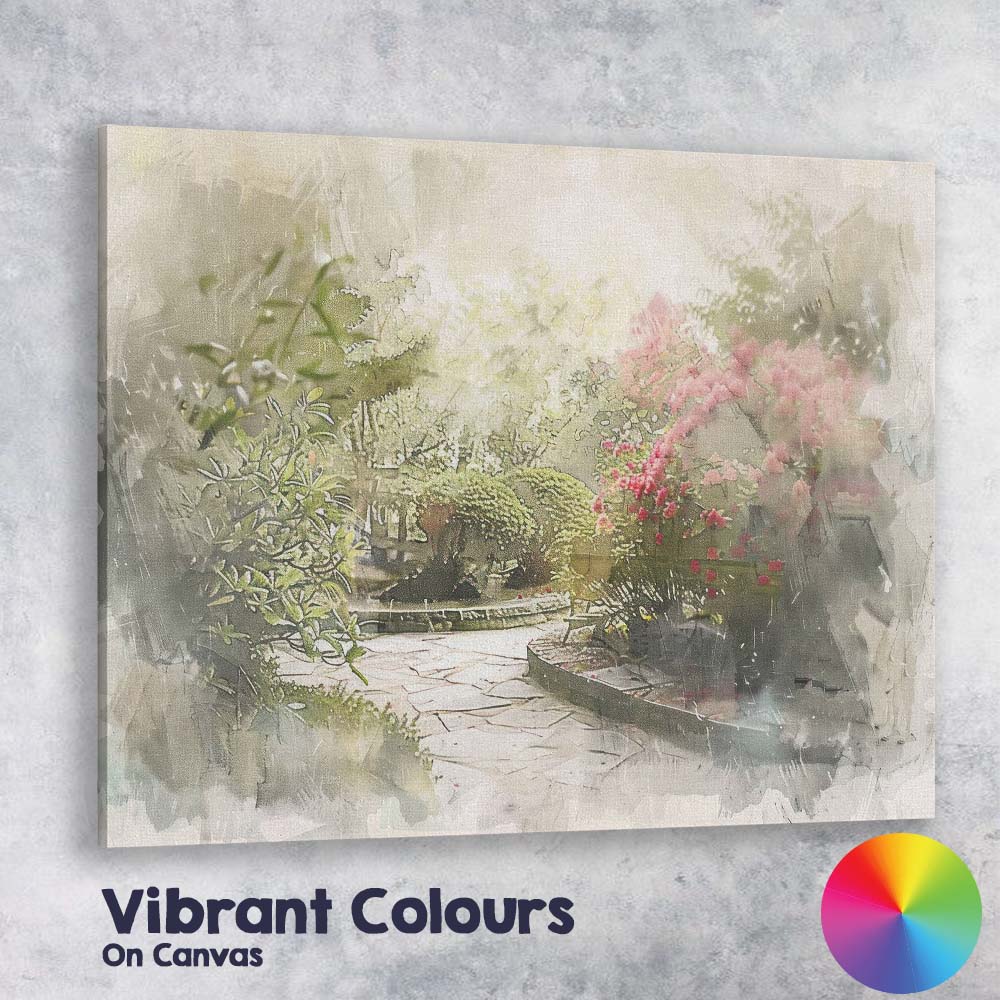 Soft Focus Botanical Garden Path Floral Watercolour Style Canvas Wall Art Print Decor Picture Ready to Hang