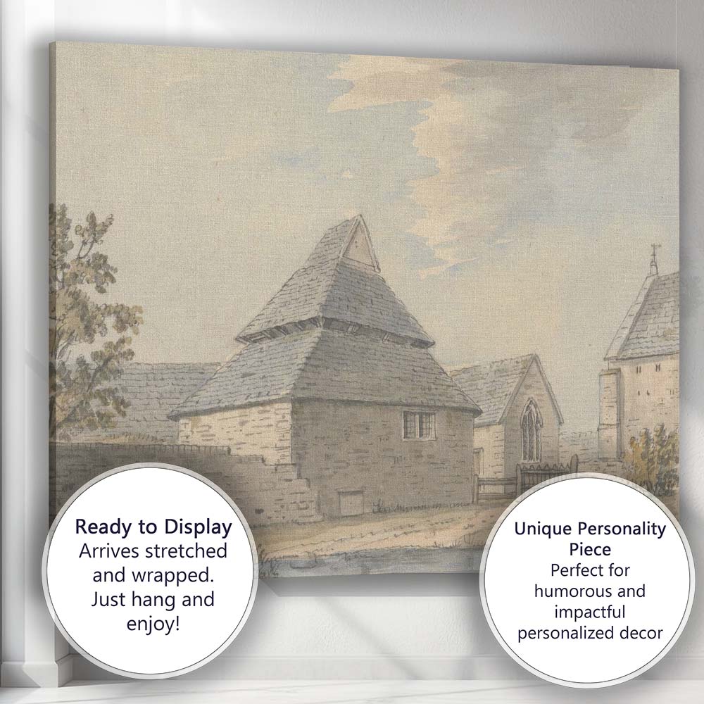 Historic Stone Church Courtyard Architectural Watercolour Scene Canvas Wall Art Print Decor Picture Ready to Hang