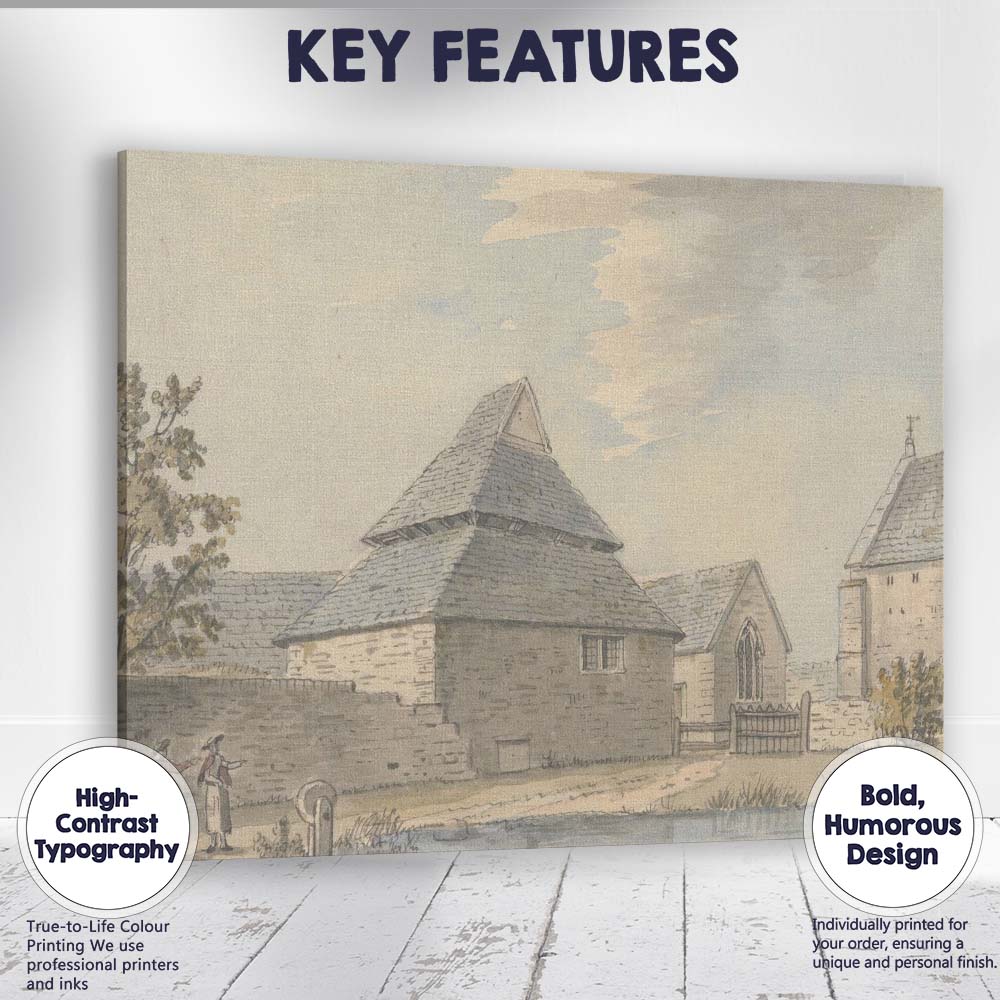 Historic Stone Church Courtyard Architectural Watercolour Scene Canvas Wall Art Print Decor Picture Ready to Hang