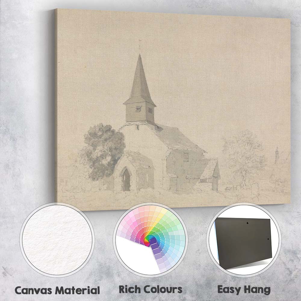 Historic Country Church Monochrome Watercolour Architectural Sketch Canvas Wall Art Print Decor Picture Ready to Hang