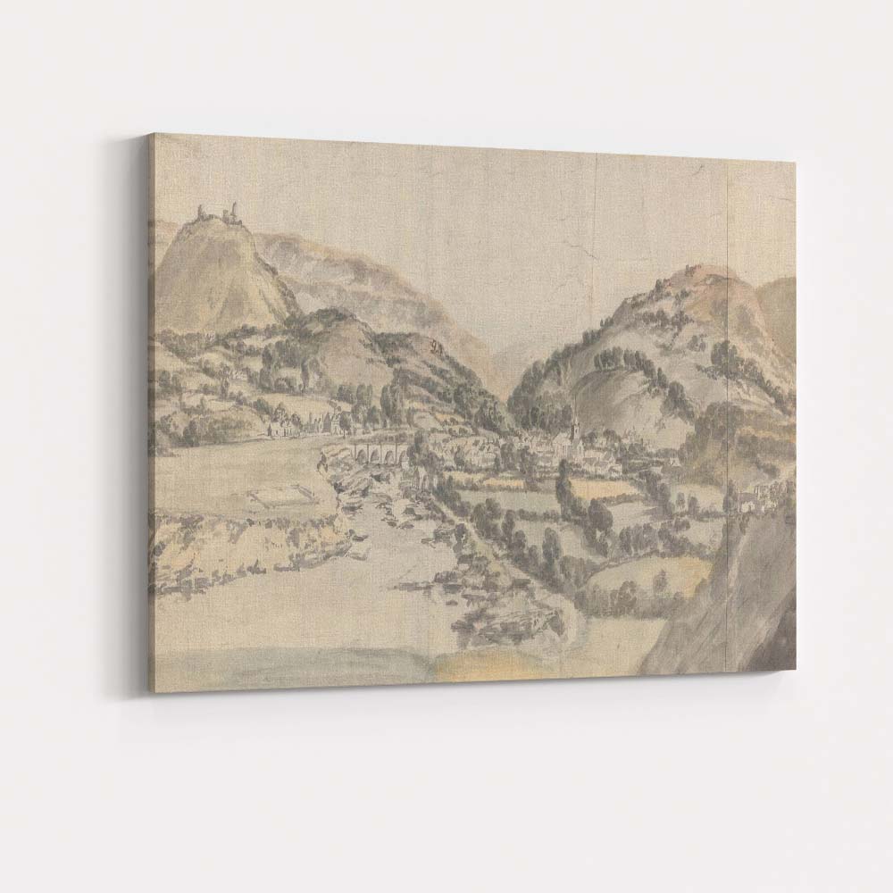 Panoramic Valley Village Mountain Landscape Watercolour Canvas Wall Art Print Decor Picture Ready to Hang