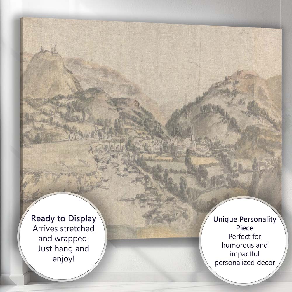 Panoramic Valley Village Mountain Landscape Watercolour Canvas Wall Art Print Decor Picture Ready to Hang