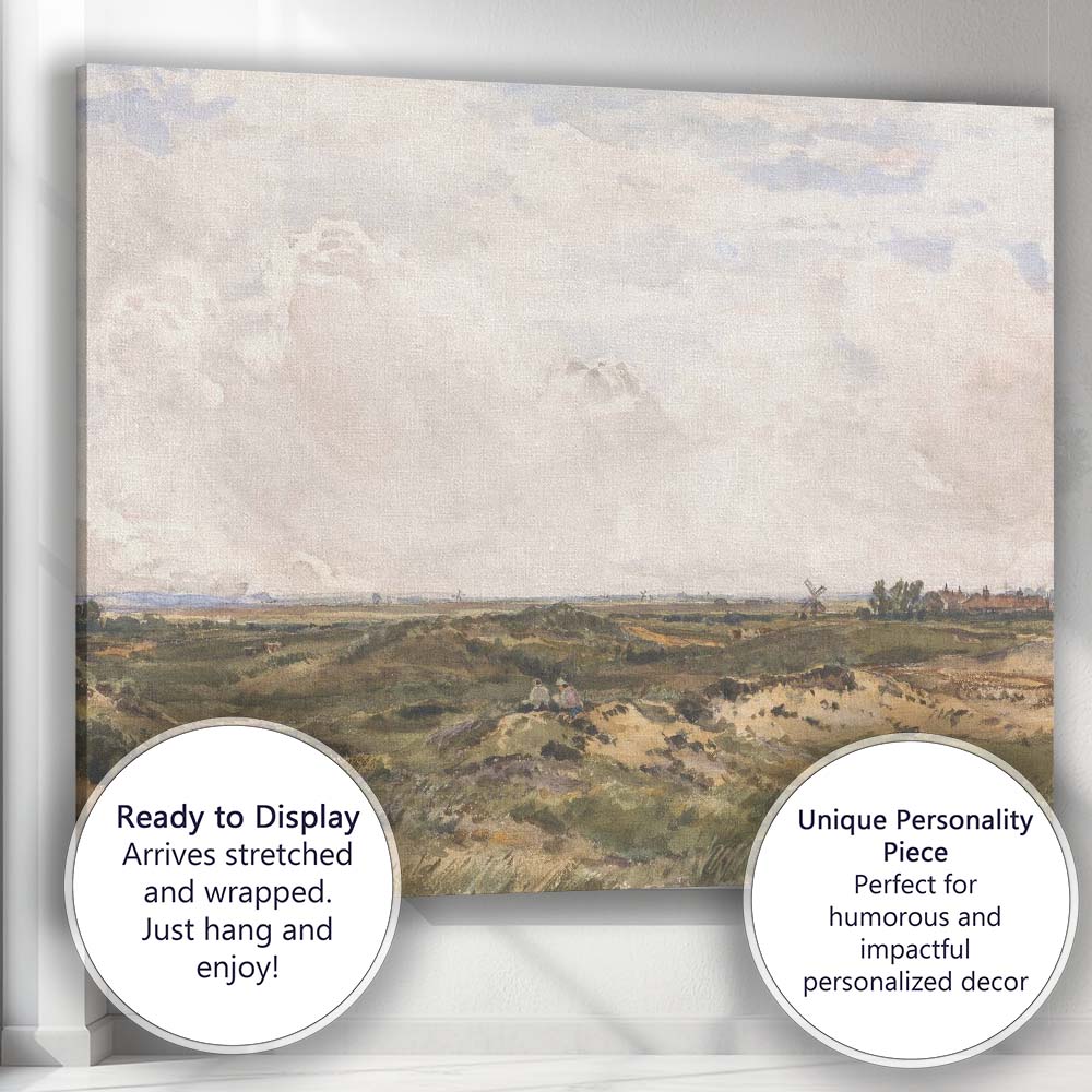 Expansive Heathland Landscape with Windmills Watercolour Canvas Wall Art Print Decor Picture Ready to Hang