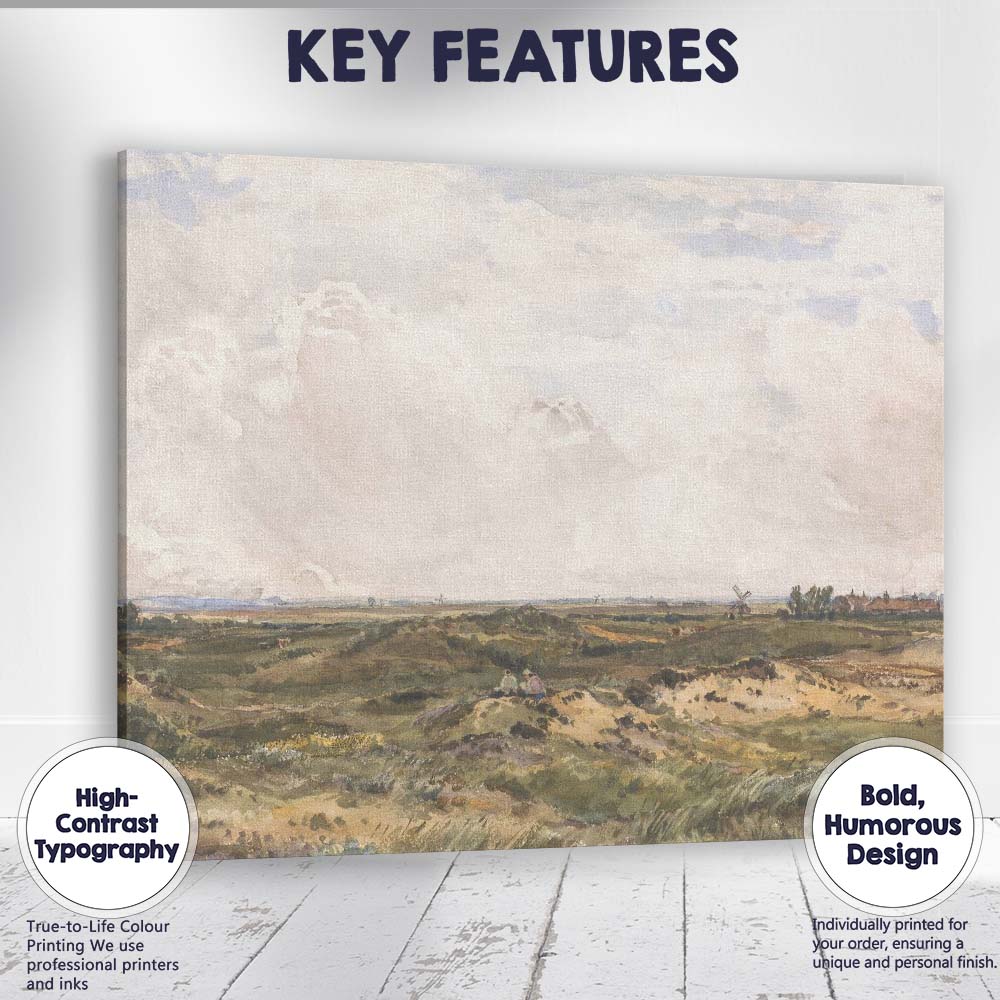 Expansive Heathland Landscape with Windmills Watercolour Canvas Wall Art Print Decor Picture Ready to Hang