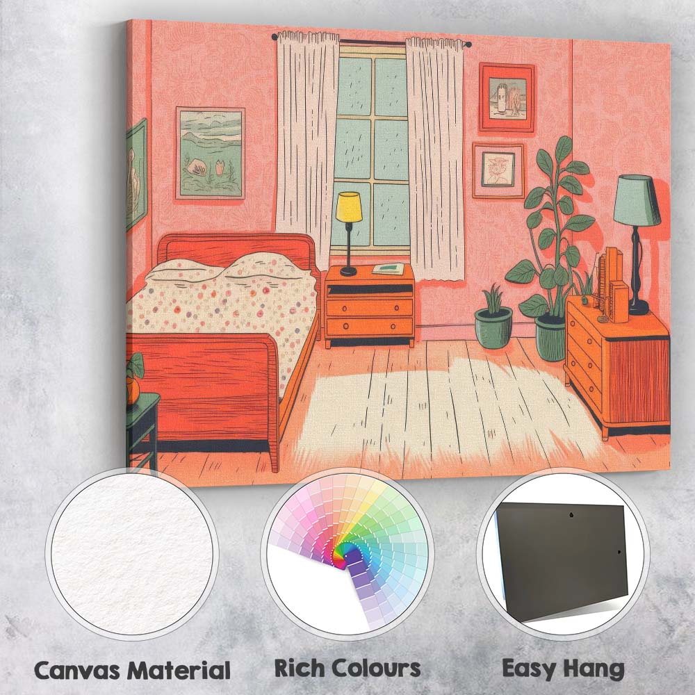 Pink Contemporary Bedroom Interior Illustration Canvas Wall Art Print Decor Picture Ready to Hang