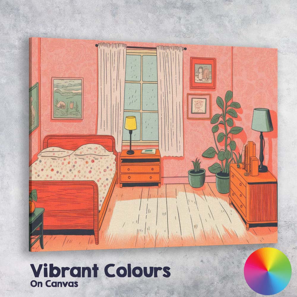 Pink Contemporary Bedroom Interior Illustration Canvas Wall Art Print Decor Picture Ready to Hang