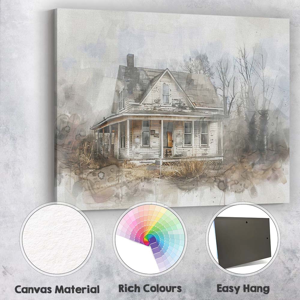 Weathered Victorian Farmhouse Watercolour Collage Rustic Country Home Canvas Wall Art Print Decor Picture Ready to Hang