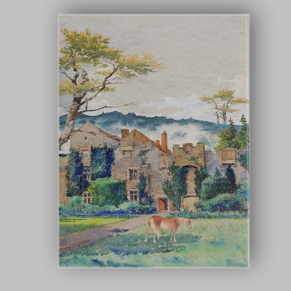 Historic Manor House Landscape Watercolour Painting With Grazing Horse Canvas Wall Art Print Decor Picture Ready to Hang