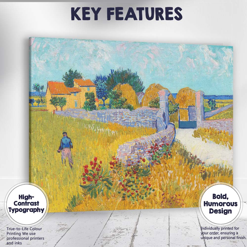 Golden Wheat Field Farmhouse Landscape Post Impressionist Painting Canvas Wall Art Print Decor Picture Ready to Hang
