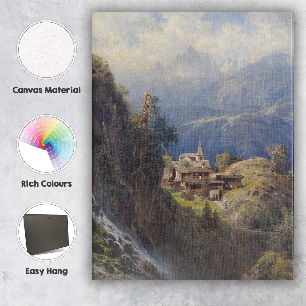 Alpine Mountain Village Waterfall Scenic Landscape Painting Canvas Wall Art Print Decor Picture Ready to Hang