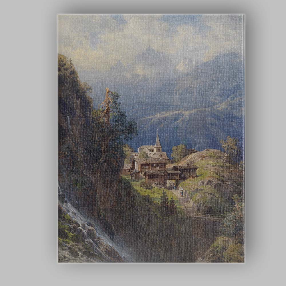 Alpine Mountain Village Waterfall Scenic Landscape Painting Canvas Wall Art Print Decor Picture Ready to Hang