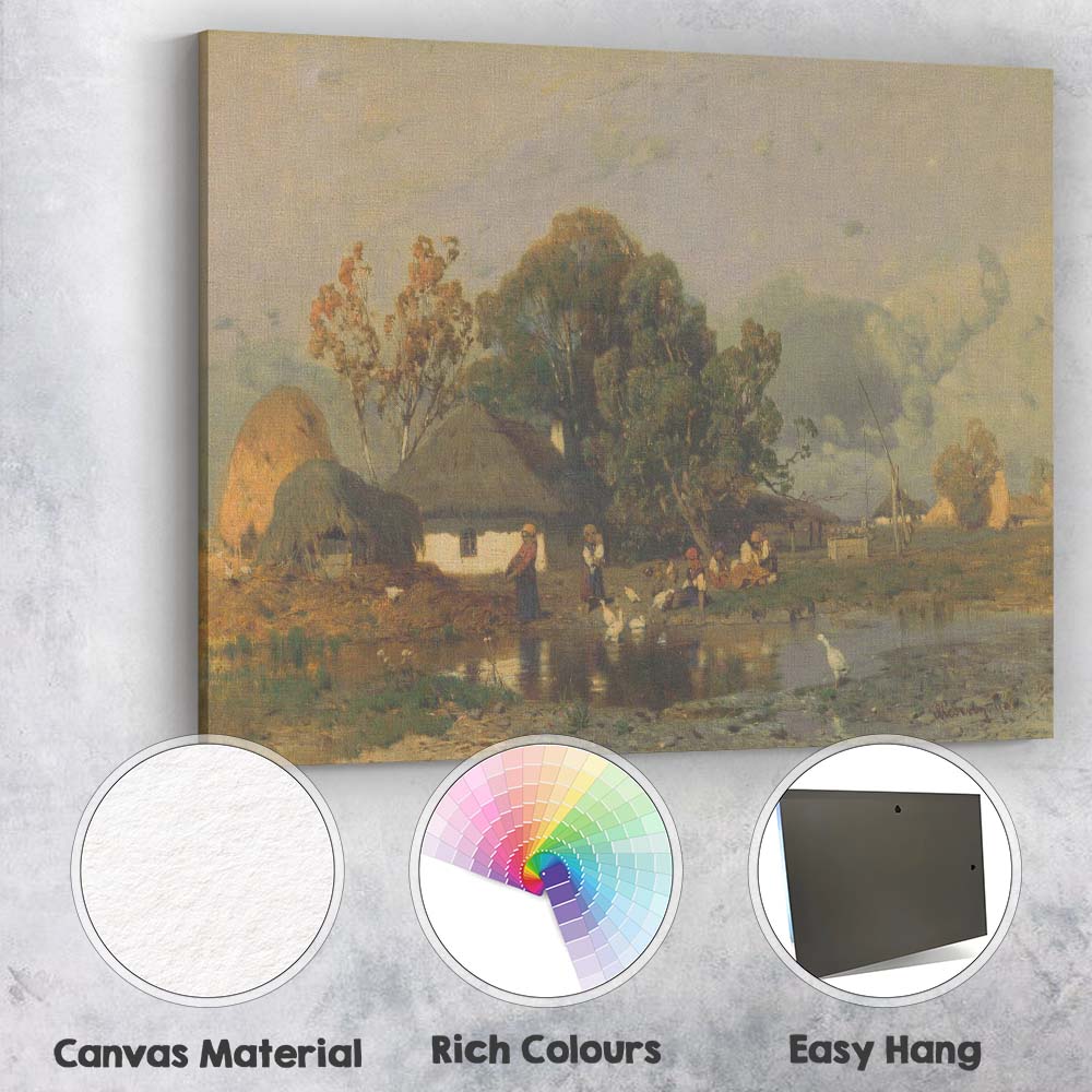 Pastoral Village Pond Scene with Ducks Traditional Landscape Canvas Wall Art Print Decor Picture Ready to Hang