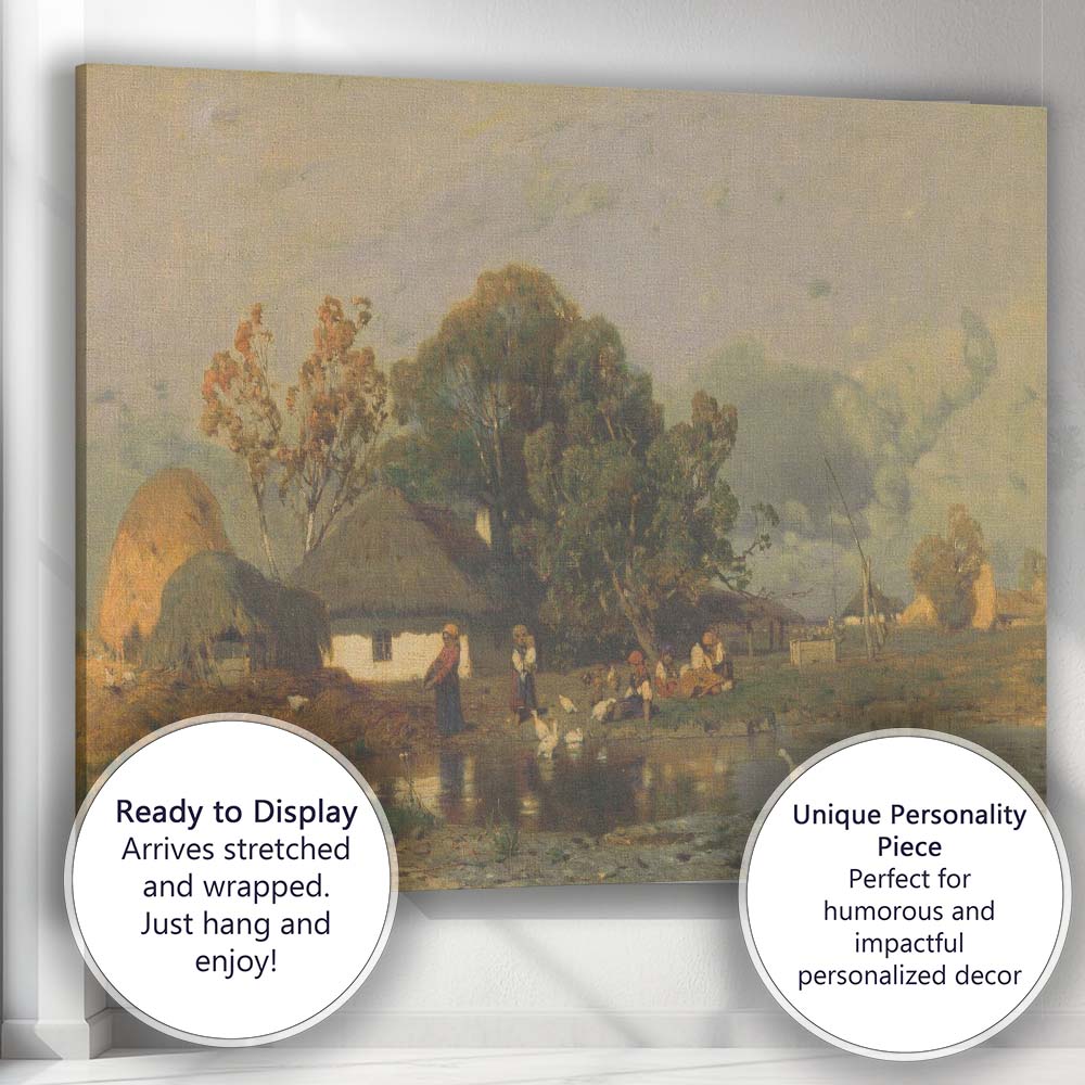 Pastoral Village Pond Scene with Ducks Traditional Landscape Canvas Wall Art Print Decor Picture Ready to Hang