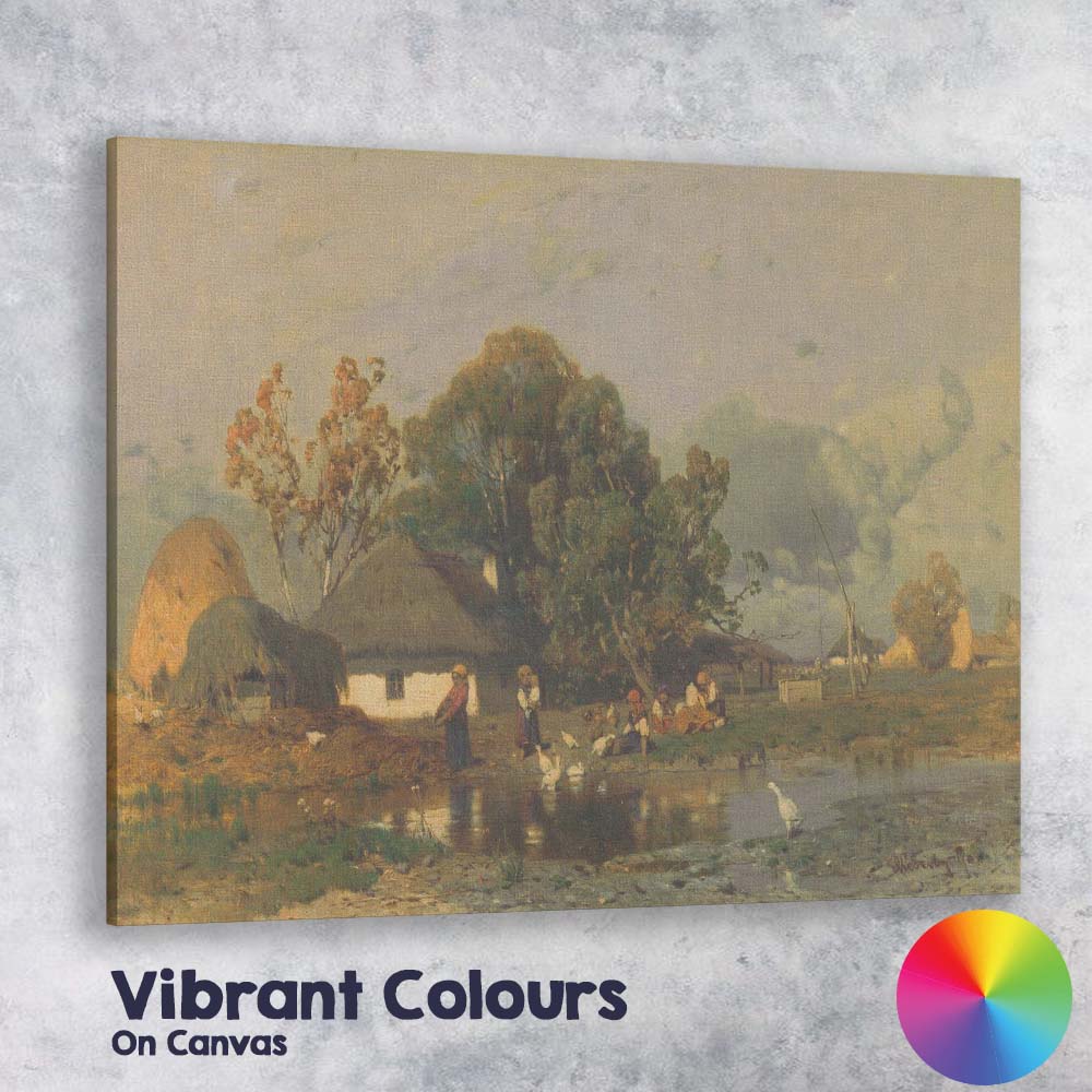 Pastoral Village Pond Scene with Ducks Traditional Landscape Canvas Wall Art Print Decor Picture Ready to Hang
