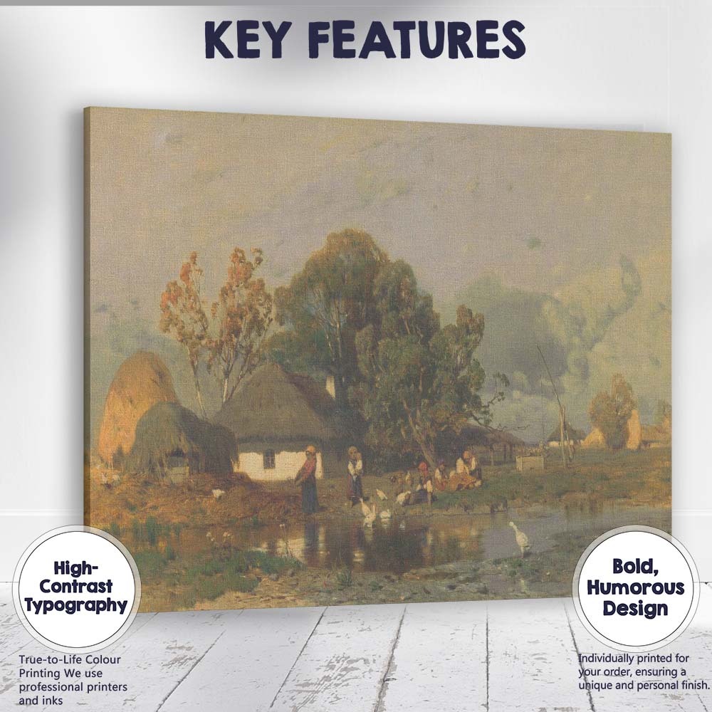 Pastoral Village Pond Scene with Ducks Traditional Landscape Canvas Wall Art Print Decor Picture Ready to Hang