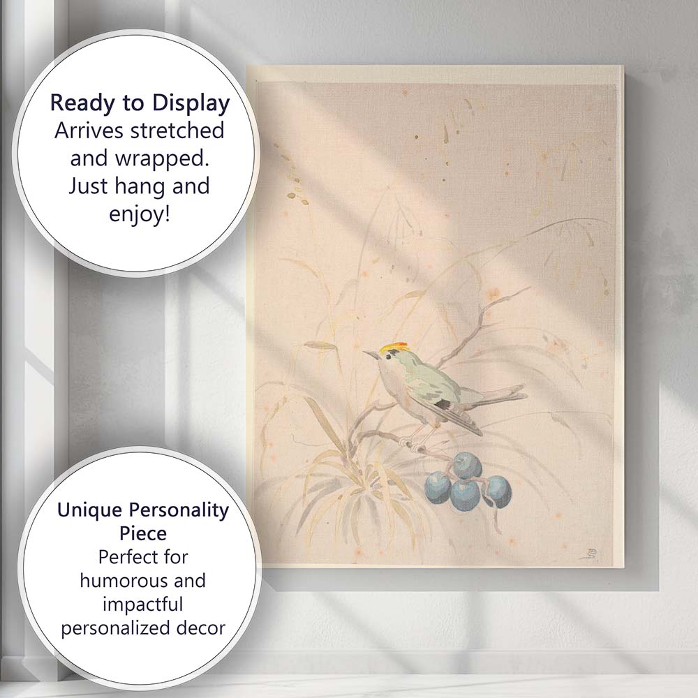 Minimalist Bird And Blue Berries Botanical Watercolour Canvas Wall Art Print Decor Picture Ready to Hang